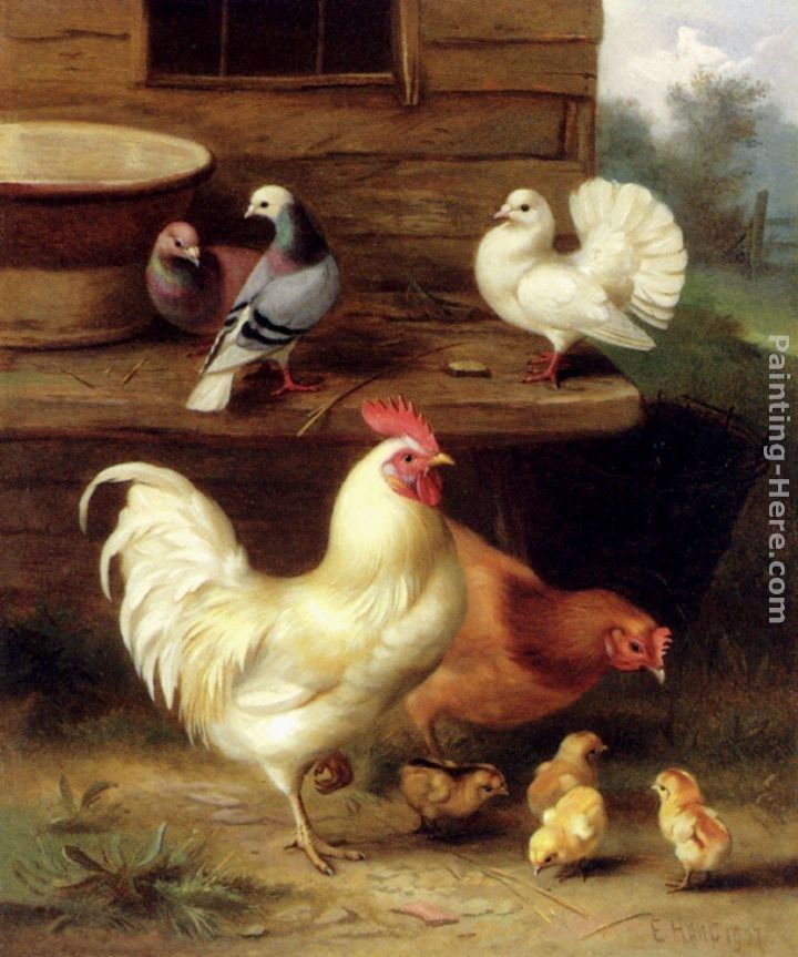 Edgar Hunt A Cockerel, Hen And Chicks With Pigeons